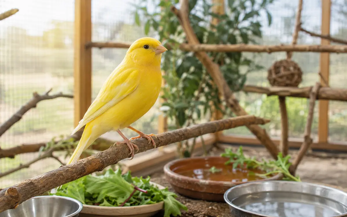 Canario amarillo en una percha natural dentro de un aviario amplio y luminoso